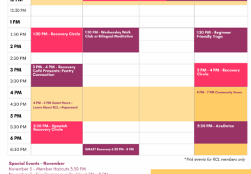 Colorful block calendar that represents Recovery Cafe Longmont's schedule of supportive, healing offerings.