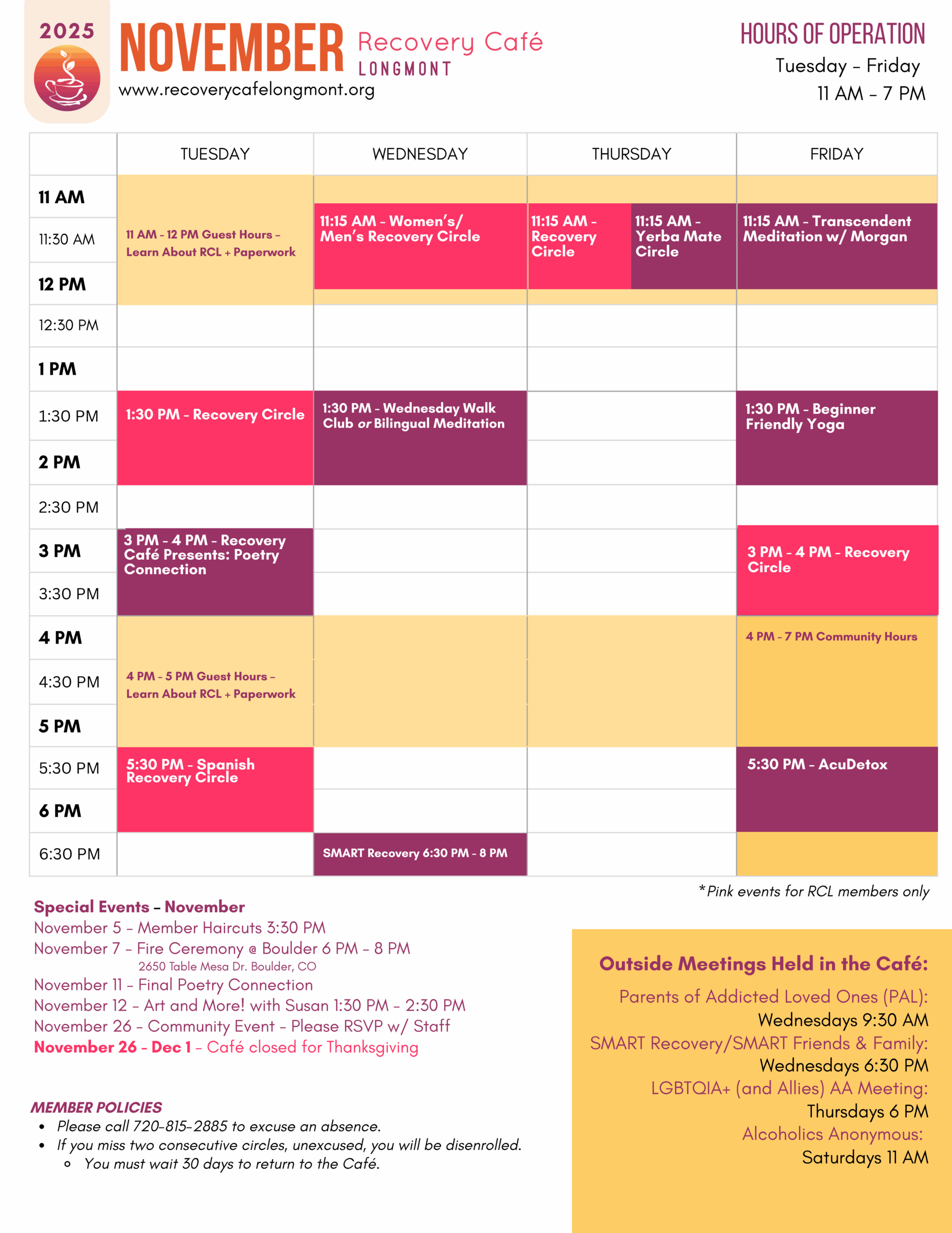 Colorful block calendar that represents Recovery Cafe Longmont's schedule of supportive, healing offerings.