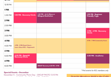 December weekly calendar outlining programs, classes, outside groups and other offerings from Recovery Café Longmont in December 2025.