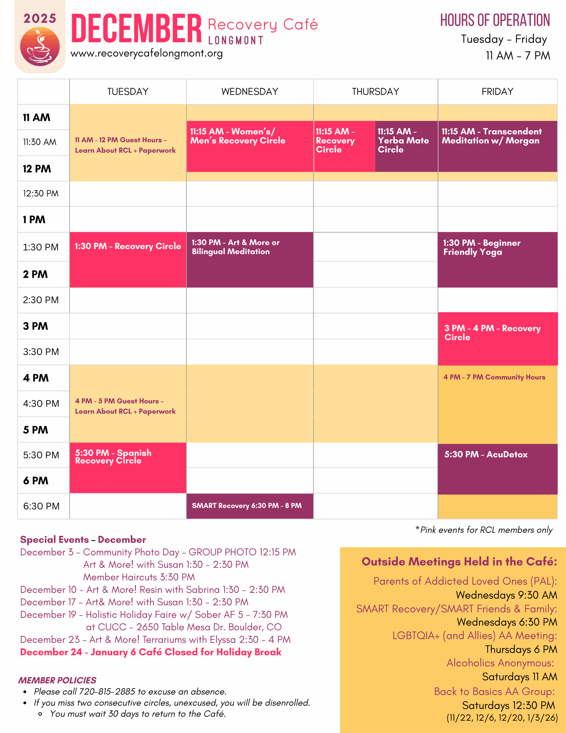 December weekly calendar outlining programs, classes, outside groups and other offerings from Recovery Café Longmont in December 2025.