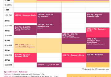 Colorful block style calendar laying out Recovery Café Longmont's programming for the month of February, including Recovery Circles, School for Recovery classes, special events, and more!