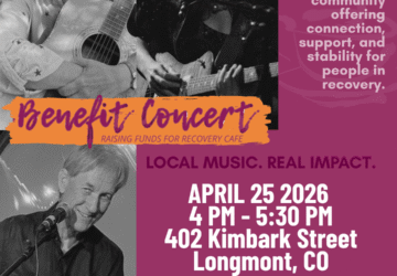 Flyer for a benefit concert in Longmont Colorado in support of Recovery Café Longmont.