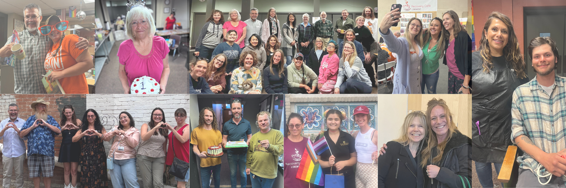 Collage of members, volunteers, and staff from Recovery Café Longmont celebrating community through group photos, birthdays, and shared moments of connection.