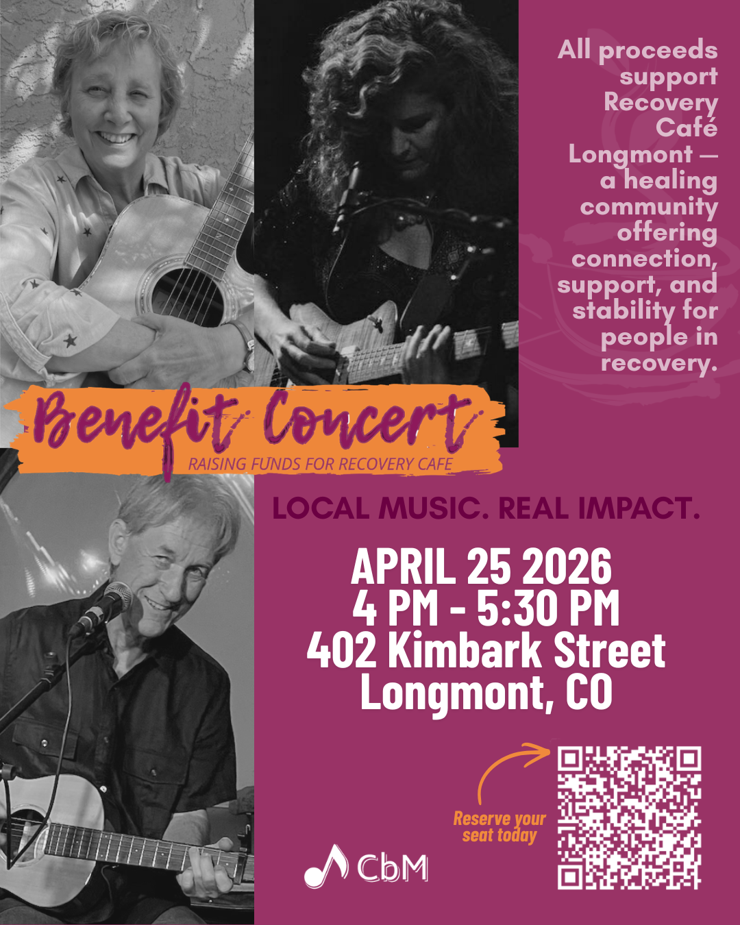 Flyer for a benefit concert in Longmont Colorado in support of Recovery Café Longmont.