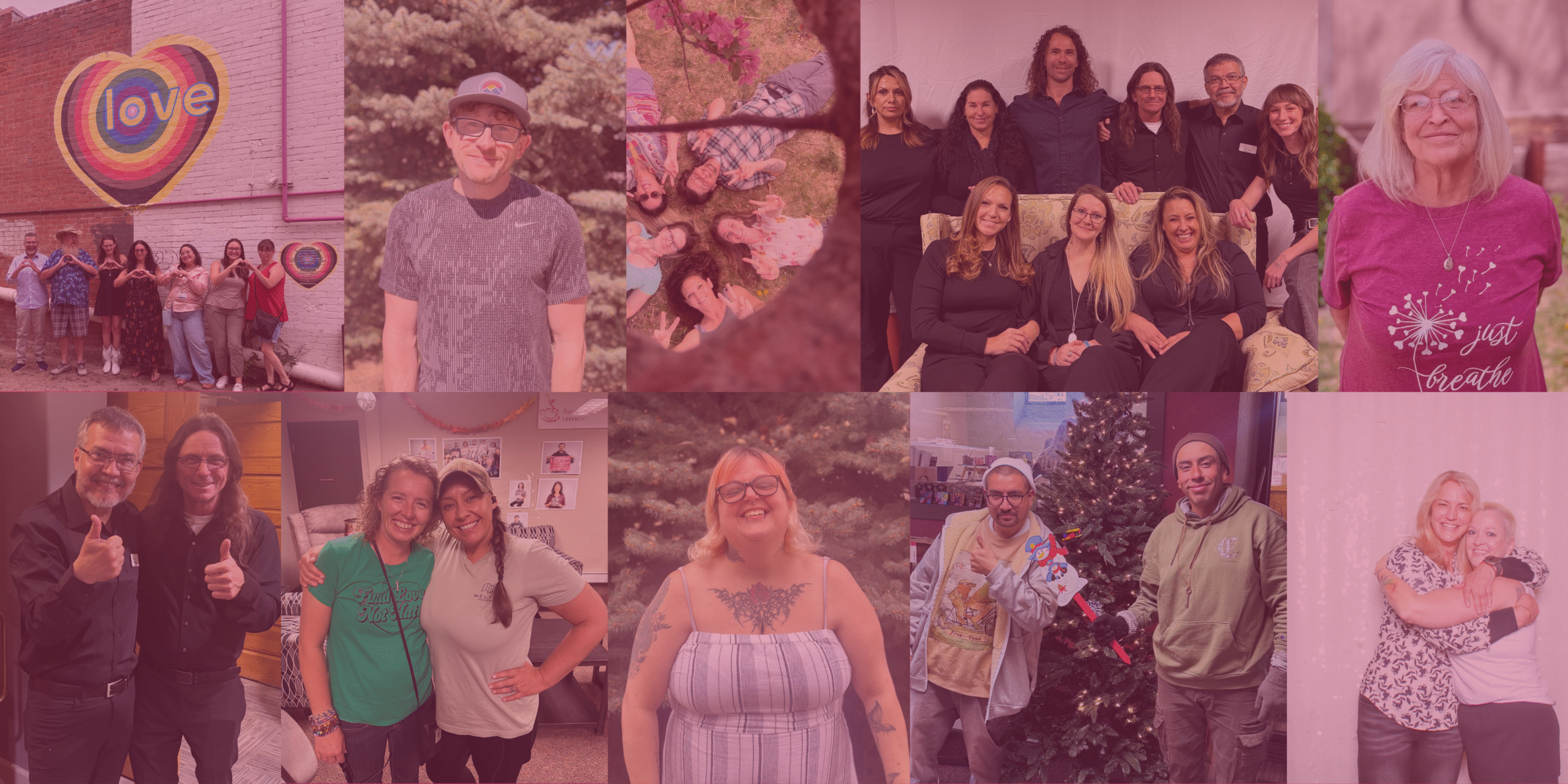 Community members and staff of Recovery Café Longmont smiling together in a collage of connection, support, and belonging.