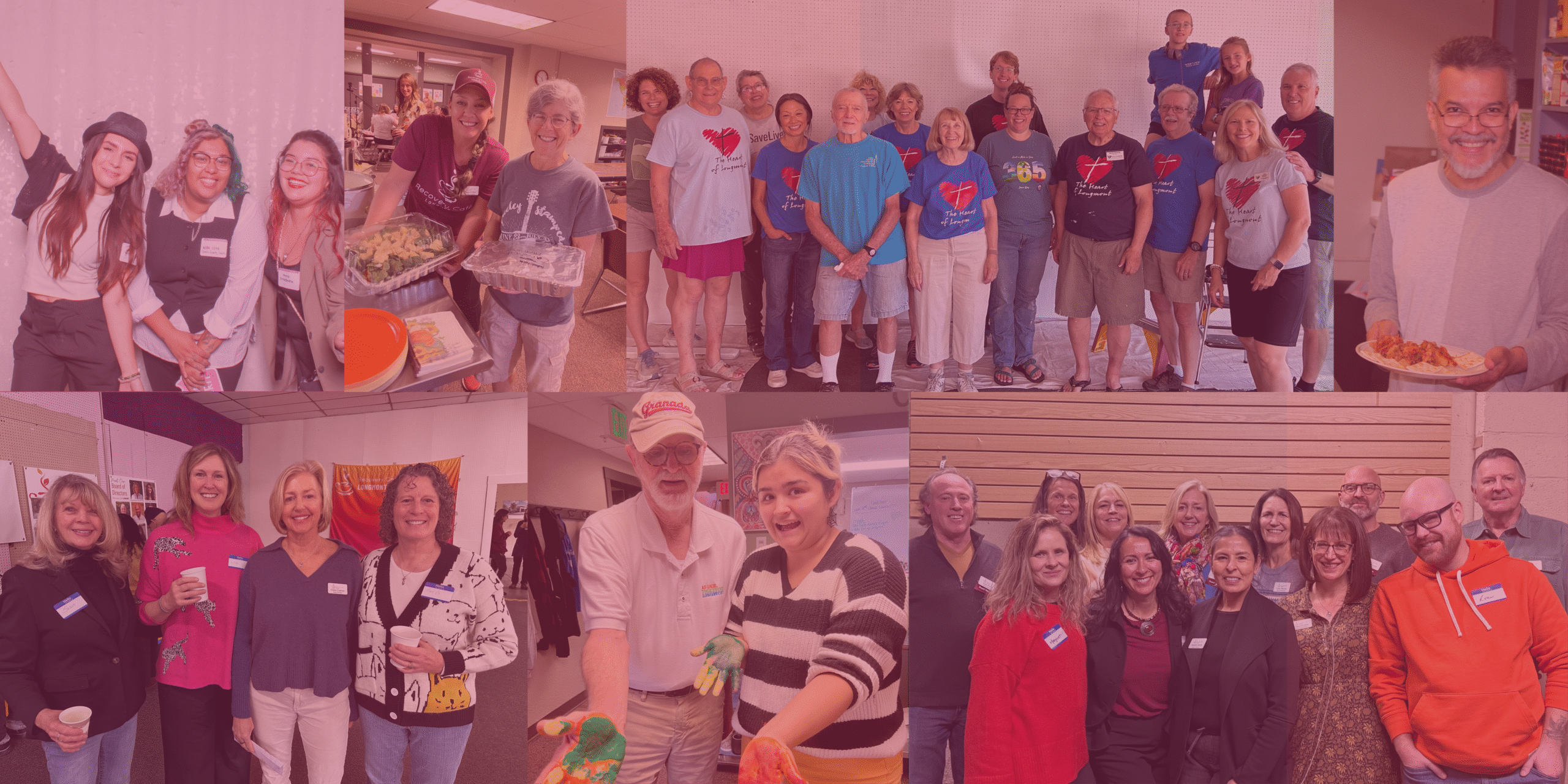 Collage of diverse volunteers and community members smiling, serving food, and gathering together at Recovery Café Longmont events.